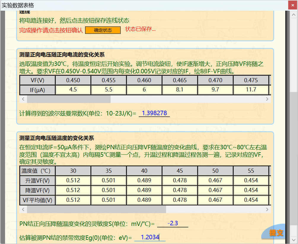 科大奥锐《PN结温度特性与伏安特性的研究》实验数据分享