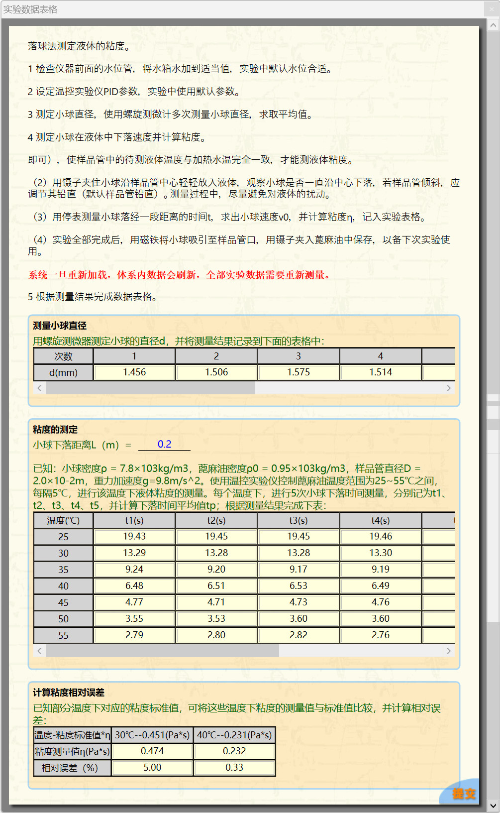 科大奥锐《落球法测定液体的粘度》实验数据分享